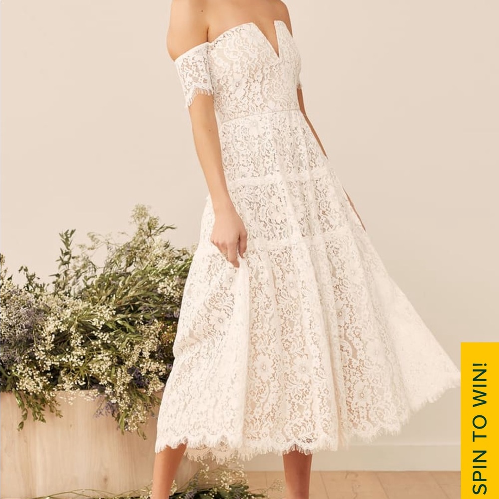 Lulu’s White Lace Off-the-Shoulder Midi Dress